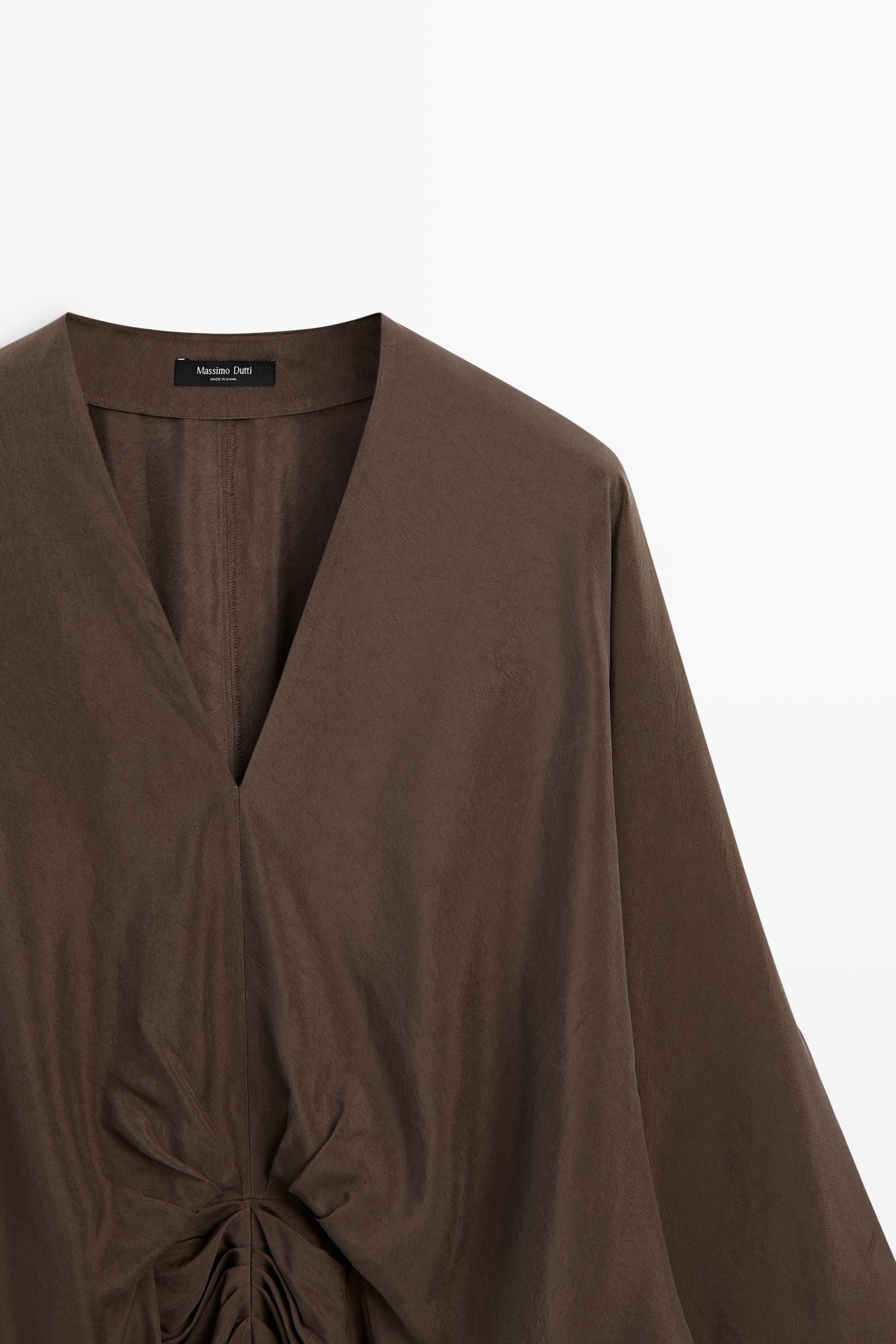Fluid midi dress with gathered sash — Chocolate