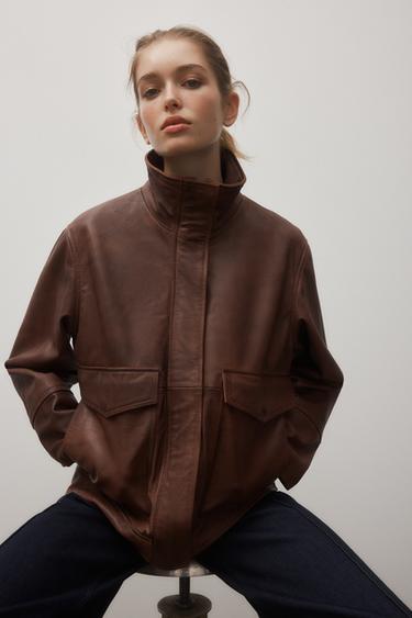 CAZADORA BOMBER PIEL 100% ZW COLLECTION LIMITED EDITION - Marrón de Zara