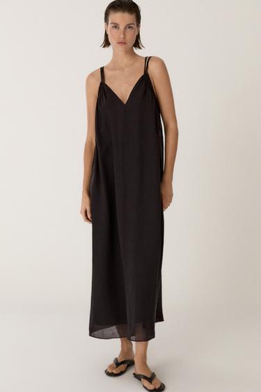Robe midi à bretelles en ramie - Noir de Zara
