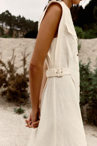 MIDI DRESS WITH BELT LOOPS IN A LINEN BLEND - Ecru by Zara - Image 3