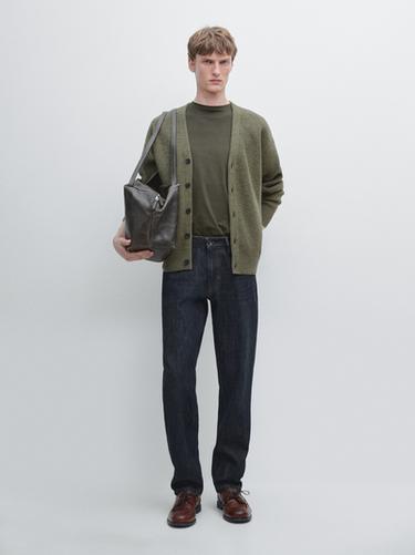 Cardigan à col en V en laine mélangée - Vert chiné de Zara