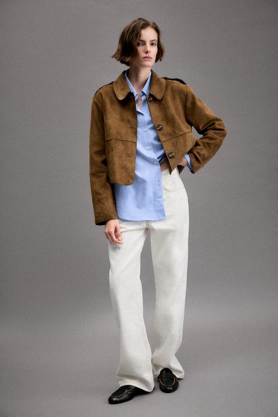CROPPED FAUX SUEDE JACKET - camel by Zara - Image 0