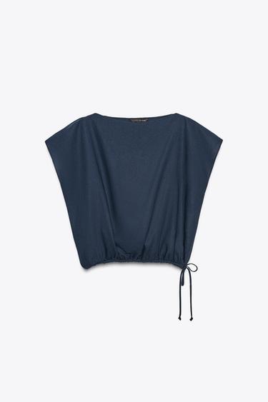 ZW COLLECTION LINEN TOP WITH TIES - Navy blue by Zara