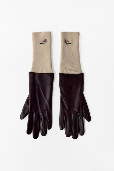 Zara CONTRASTING LEATHER GLOVES WITH FLORAL EMBROIDERY - Burgundy