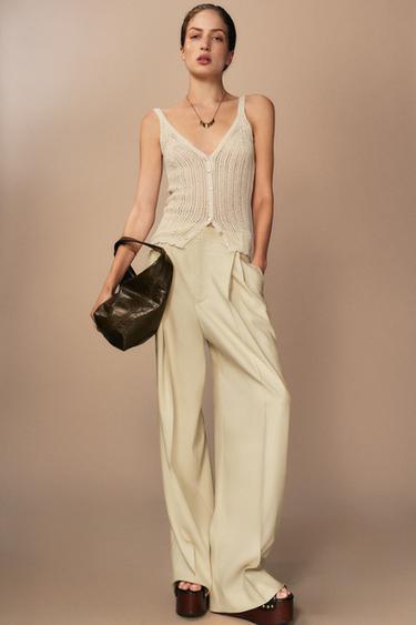 ZW COLLECTION WIDE-LEG DARTED TROUSERS - Pastel yellow by Zara