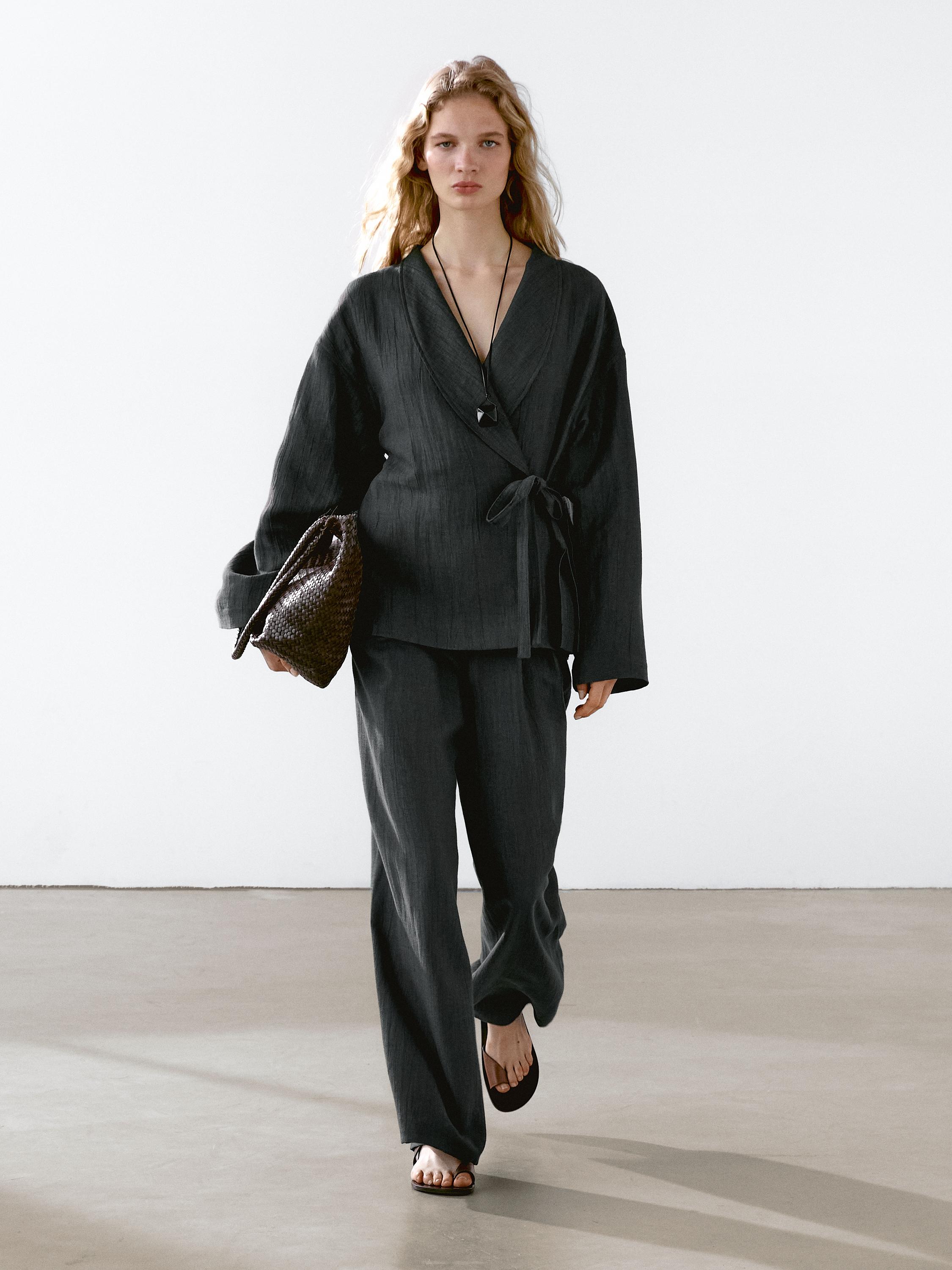 100% linen kimono with tie | ZARA United States