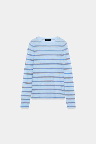Zara STRIPED WOOL JUMPER - Light blue