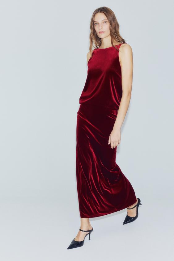 Zara VELVET MAXI DRESS - Dark red - Image 0