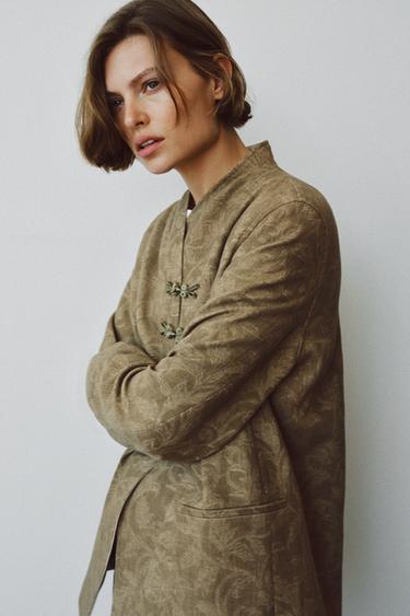 Zara ZW COLLECTION JACQUARD FIREMAN CLASP BLAZER - Light beige