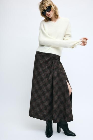 ZW COLLECTION DRAPED CHECK SKIRT - Khaki by Zara