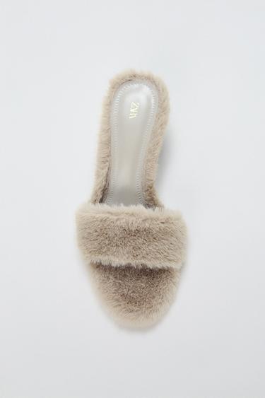 Zara FAUX FUR HEELED SANDALS - Ice