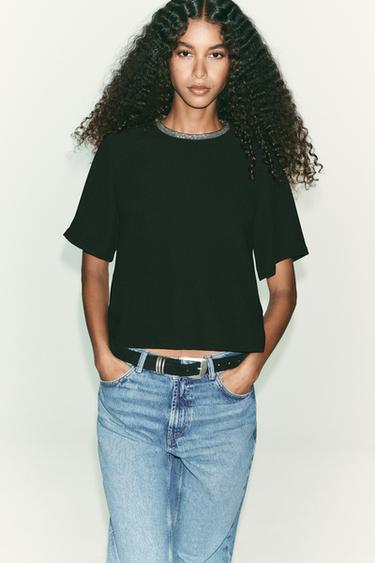 TOP WITH GLITTER NECK - Black by Zara