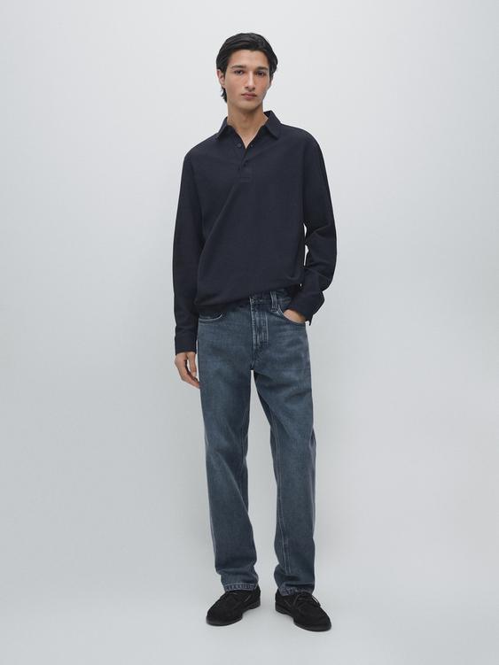 Textured piqué polo shirt with long sleeves