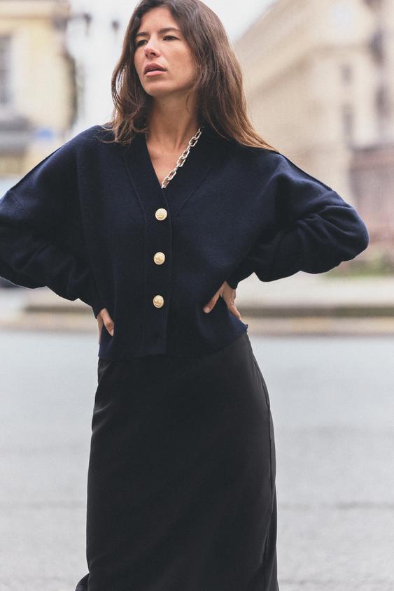 無地ニット、ゴールドボタン付きジャケット - ネイビーブルー | ZARA 