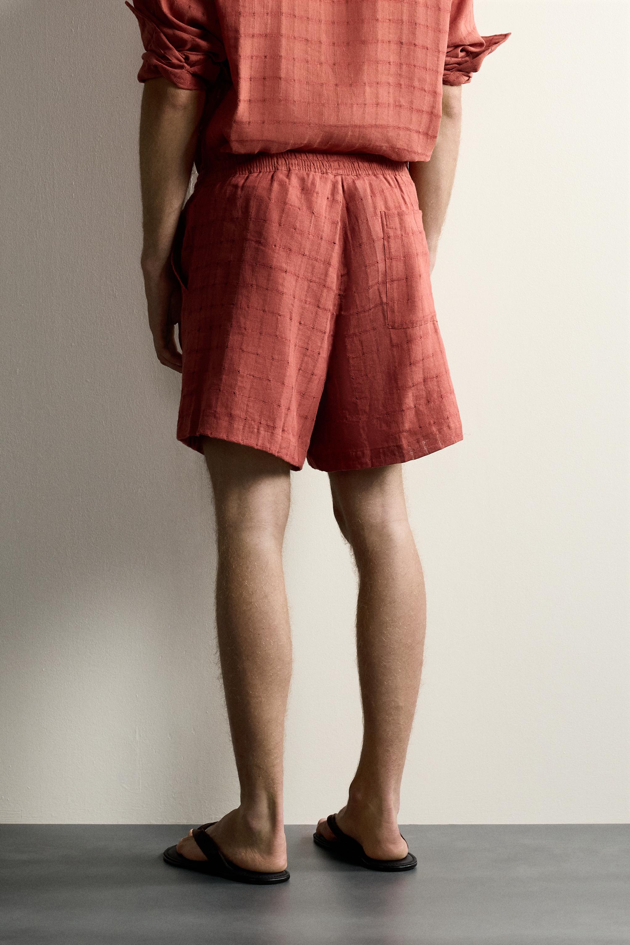 LINEN COTTON BLEND CHECKERED JACQUARD SHORTS