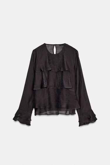 Zara RUFFLED TOP - Dark brown