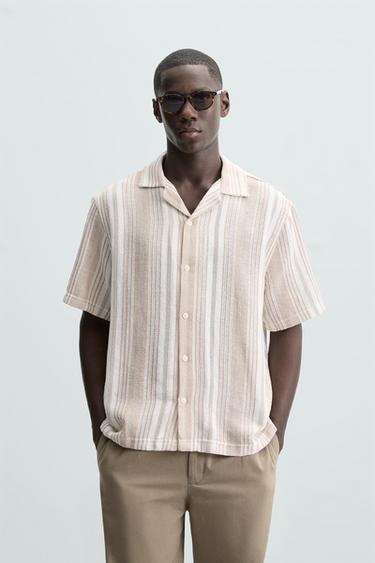 Zara TEXTURED STRIPED SHIRT - Beige / Taupe brown