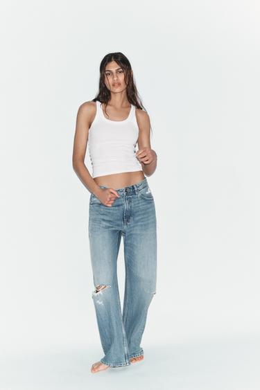Zara TRF BOYFRIEND RIPPED MID-RISE JEANS - Blue