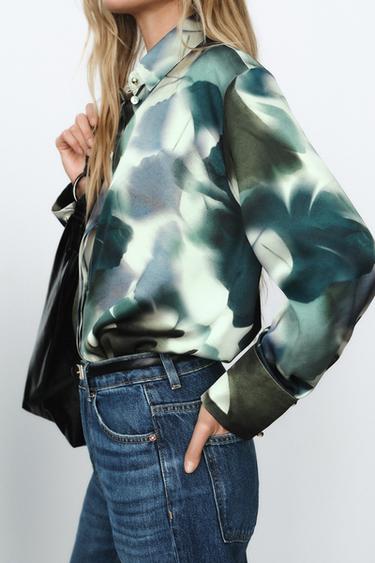 PRINTED SATIN SHIRT - Green / Ecru by Zara - Image 2