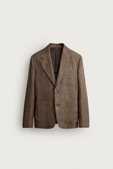 БЛЕЙЗЕР В КЛЕТКУ ИЗ 100% ЛЬНА — КОРИЧНЕВЫЙ С МЕЛАНЖЕВЫМ ЭФФЕКТОМ от Zara