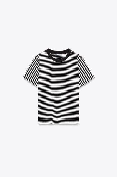 Zara STRIPED COTTON T-SHIRT - Ecru / Brown