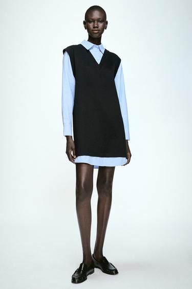 VESTIDO MINI COMBINADO POPELÍN - Azul de Zara