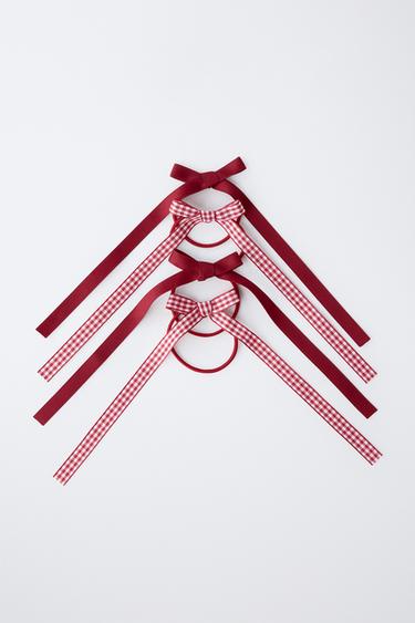 4-PACK OF GINGHAM CHECK HAIR BOBBLES WITH BOWS - Burgundy by Zara - Image 3