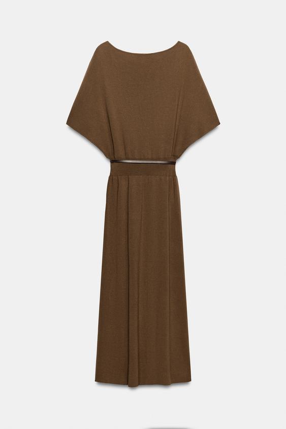 brown knit dress zara KNITTED MIDI DRESS - Brown