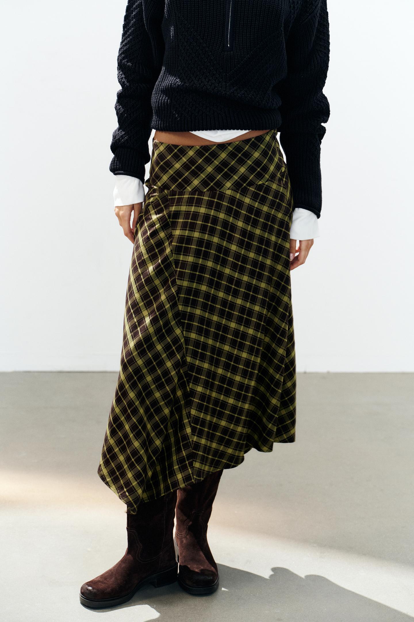 Женская юбка Zara Asymmetric Checked MIDI, цвет: Коричневый / Зелёный — фото 3