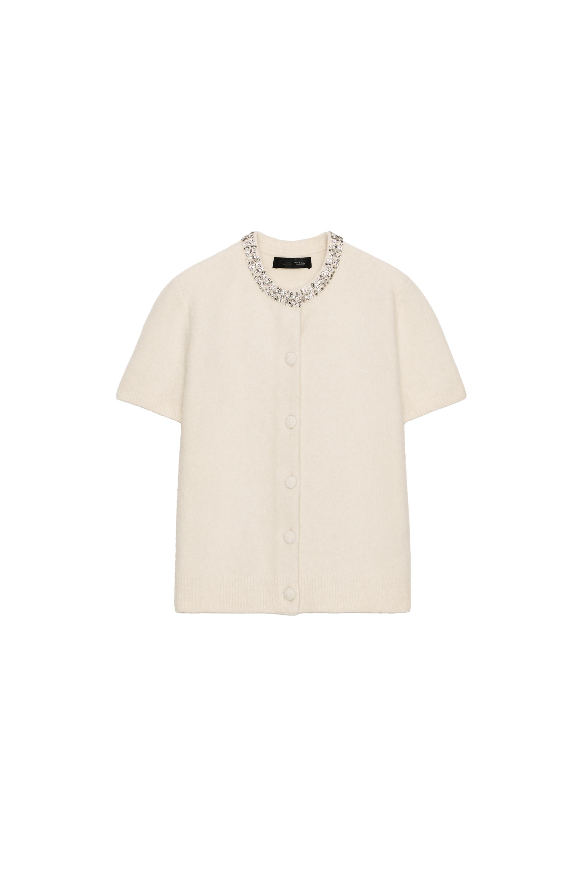 ZARA 半袖ビジュークルーネック セットアップ ウール製ビジューネックジャケット - エクリュ | ZARA Japan / 日本