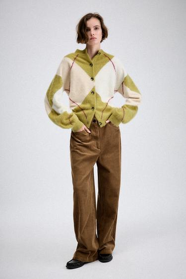 Zara 100% WOOL ARGYLE CARDIGAN - Olive Green