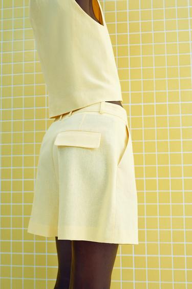 HIGH-WAIST LINEN BLEND BERMUDA SHORTS - Yellow by Zara