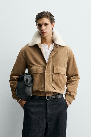 Zara FLEECE TRIM SUEDE LEATHER JACKET - Beige