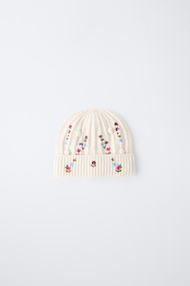 EMBROIDERED BOBBLE KNIT BEANIE — Ecru 1