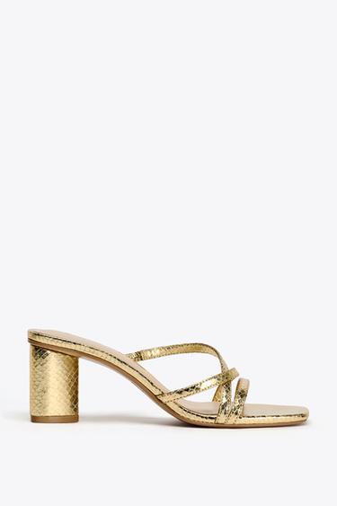 Zara LAMINATED BLOCK HEEL SANDALS - Gold - Image 0