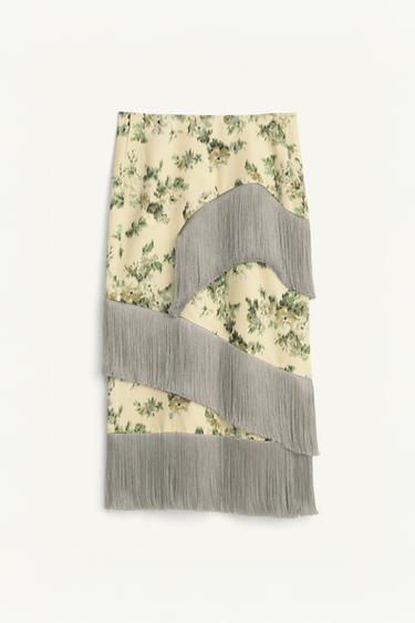 Zara LIMITED EDITION FLORAL FRINGE SKIRT - Printed