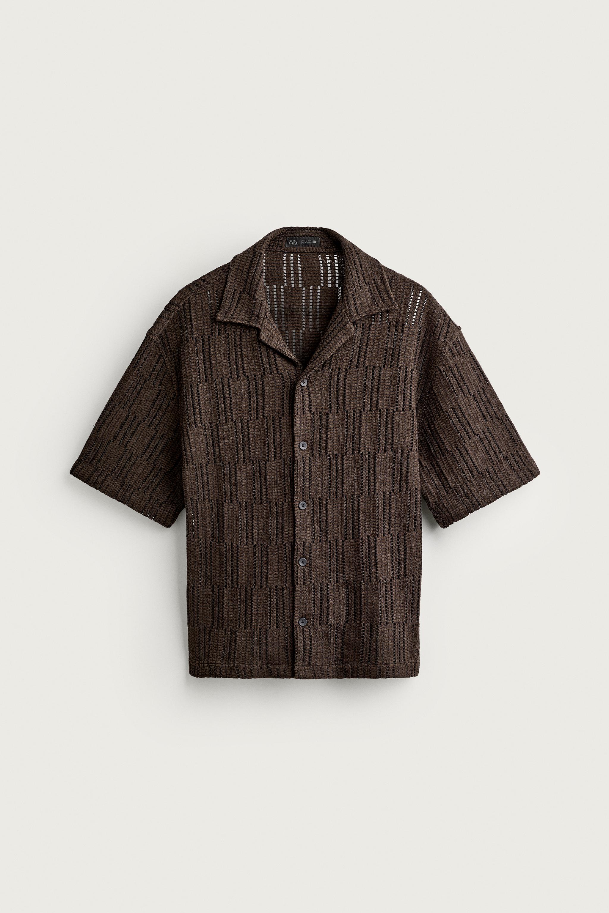 RELAXED FIT OPEN-WEAVE SHIRT — Brown