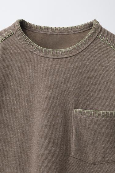 SOFT-TOUCH T-SHIRT WITH CONTRAST TOPSTITCHING - Beige by Zara - Image 2