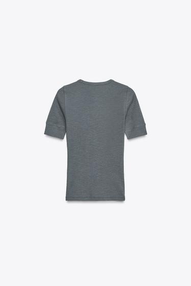 Zara SHORT SLEEVE RIB T-SHIRT - Charcoal