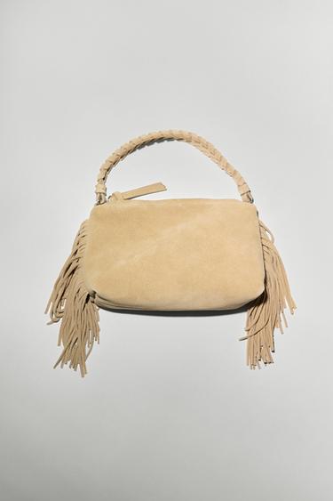 Zara SPLIT LEATHER MINI FRINGED CROSSBODY BAG - SAND/BROWN
