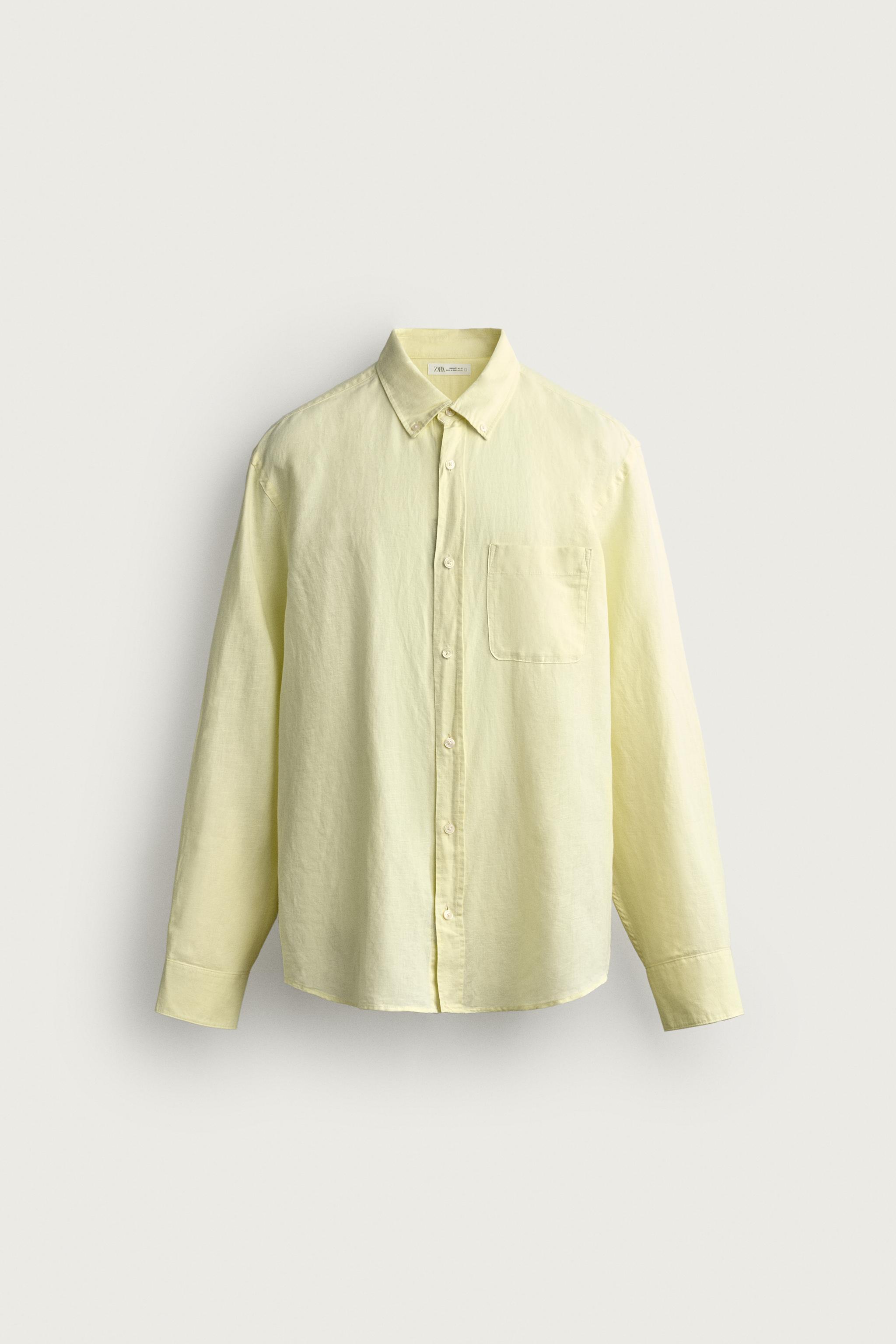 LINEN COTTON BLEND REGULAR FIT SHIRT — Yellow