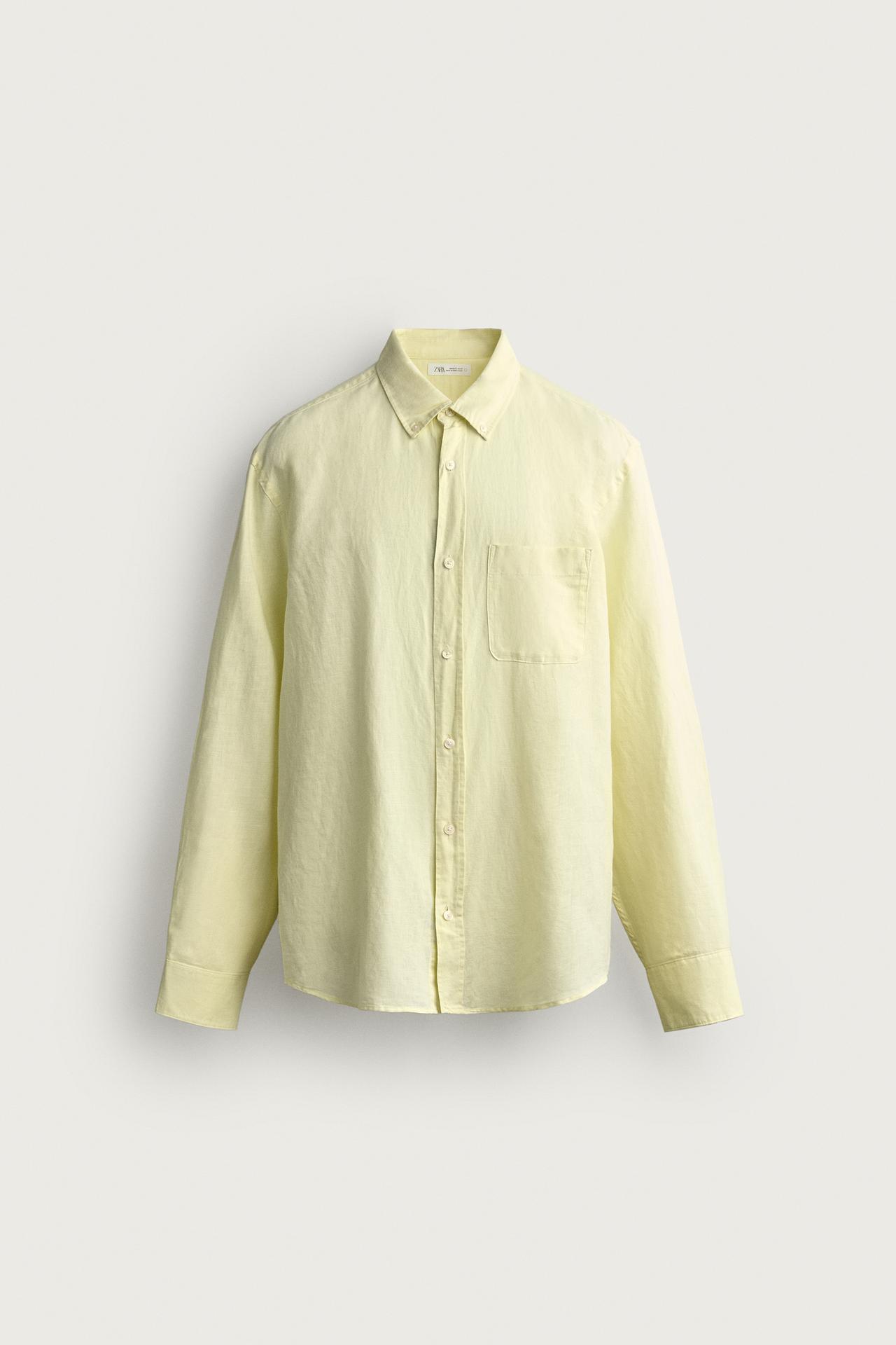 LINEN COTTON BLEND REGULAR FIT SHIRT — Yellow