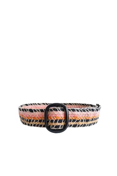 Woven belt with a horizontal striped design in black, pink, orange and beige, with a rectangular black buckle on a white background.