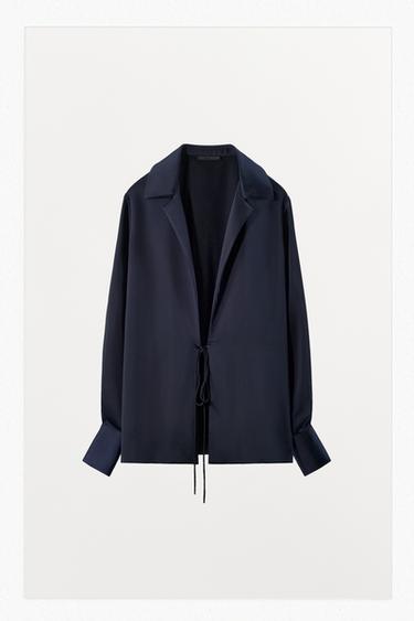 SATIJNEN BLOUSE MET STRIKSLUITING - Blauw / Marine van Zara