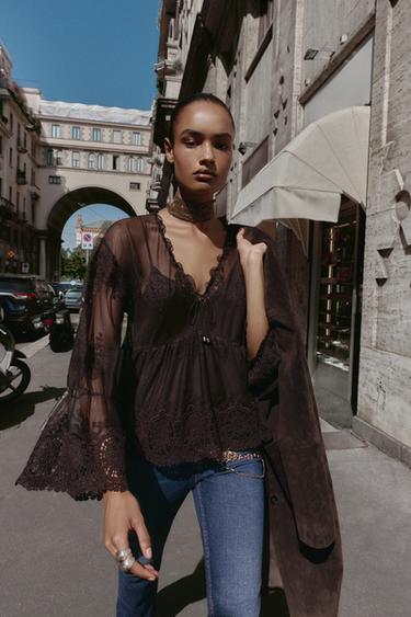 БЛУЗА ИЗ ТЮЛЯ С ВЫШИВКОЙ — КОРИЧНЕВЫЙ от Zara