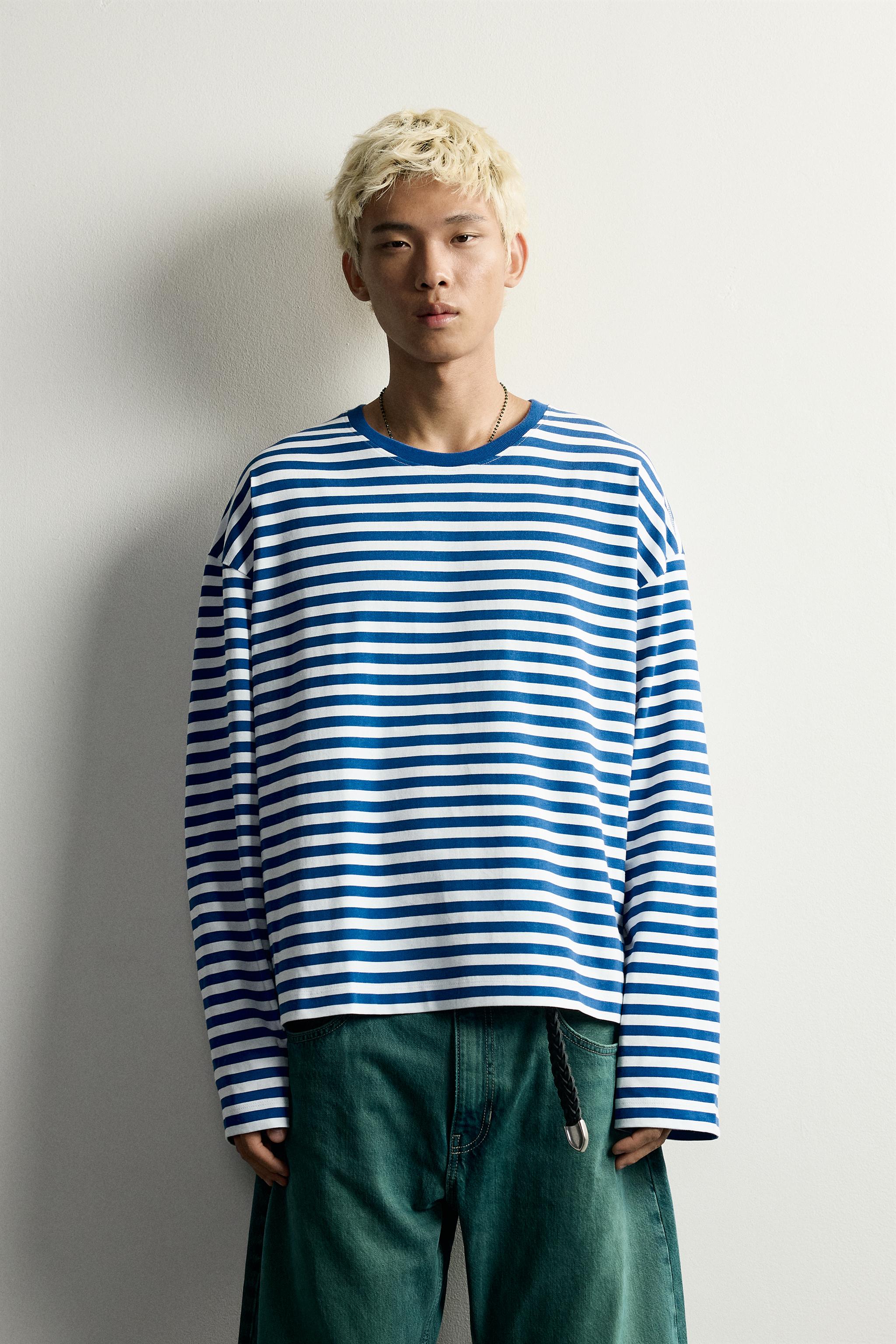 STRIPED OVERSIZED FIT LONG SLEEVE T-SHIRT - Blue/White | ZARA