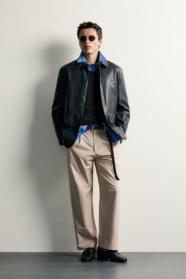 Zara STRAIGHT FIT PLEATED PANTS - Light tan