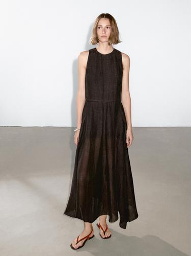 Zara 100% linen midi dress with frayed trims - Chocolate