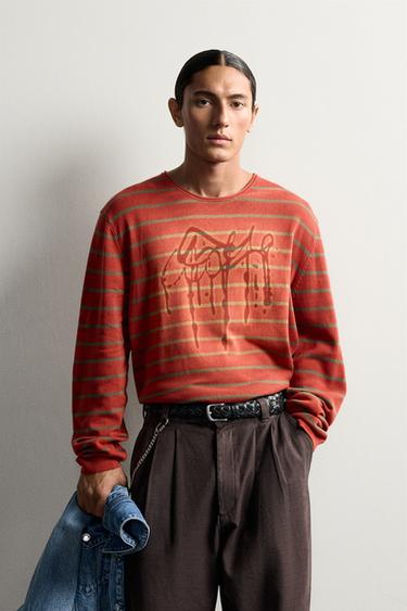 WASHED PRINTED STRIPED SWEATER — Orange 2