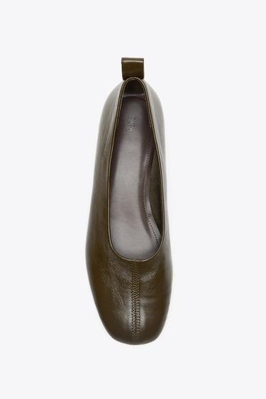 LOW-HEEL LEATHER BALLERINAS - Khaki Green by Zara - Image 2